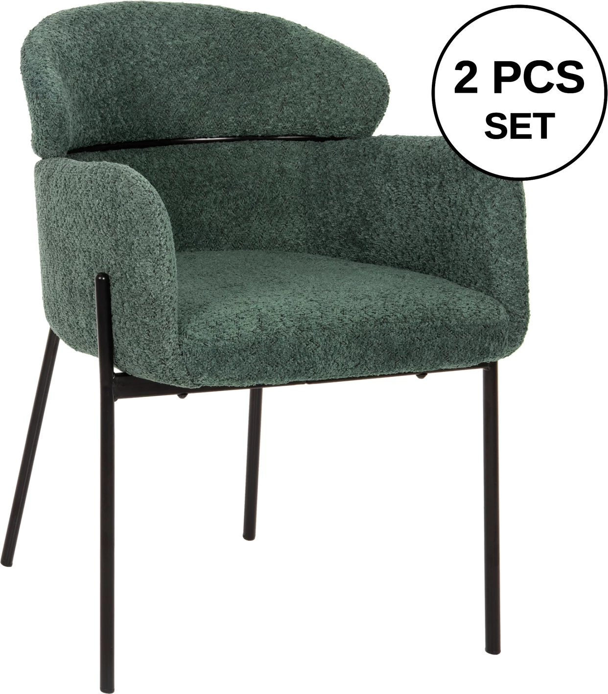 Karrige me krahë WOLF, pëlhurë boucle jeshile petrol, këmbë metalike të zeza, 58x58x80H cm., set prej 2 copë