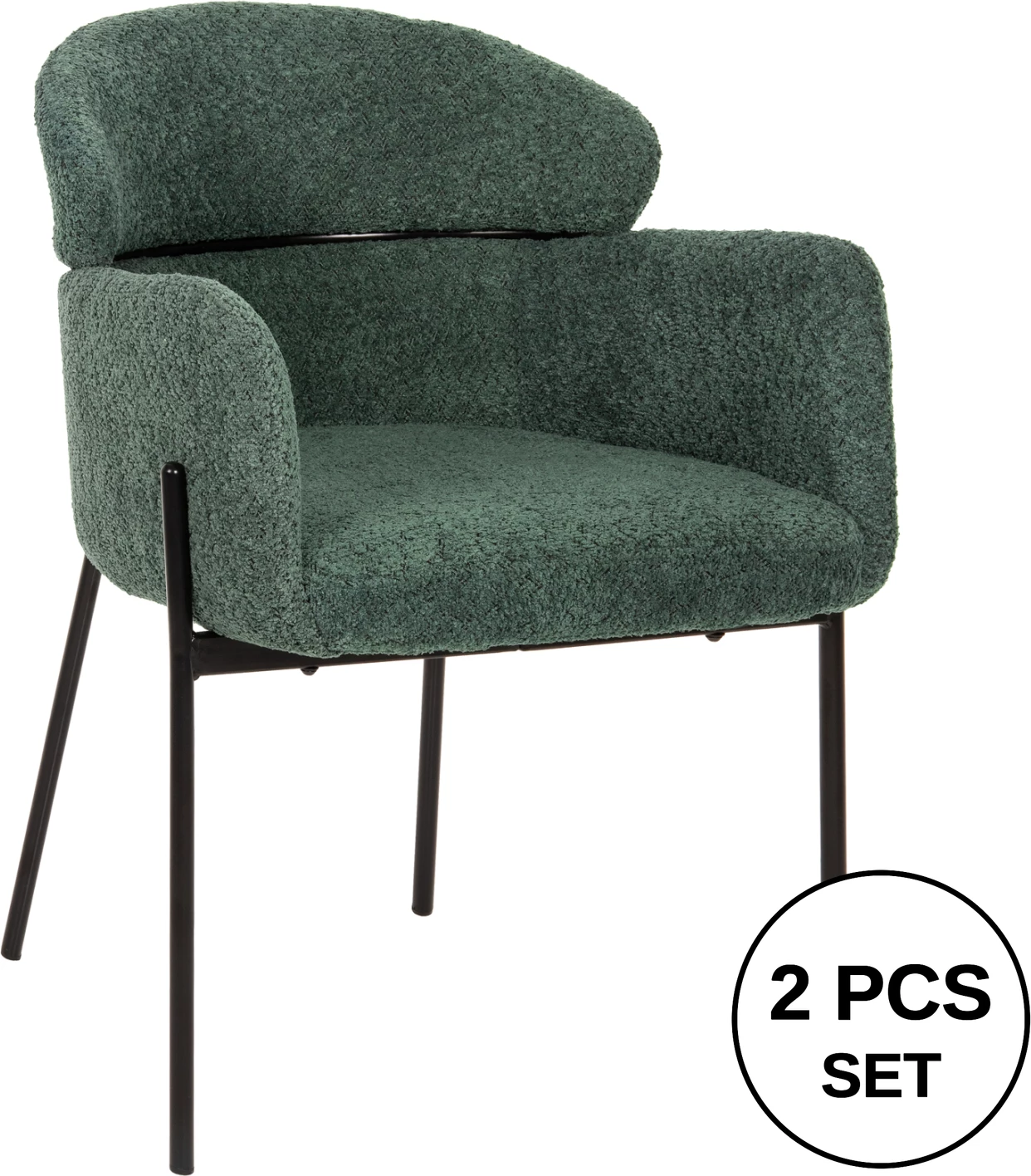 Karrige me krahë WOLF, pëlhurë boucle jeshile petrol, këmbë metalike të zeza, 58x58x80H cm., set prej 2 copë