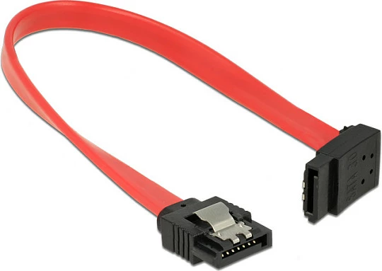 Kabllo SATA III DeLOCK 0.2m, 7-pin Male-Male, straight në left angle, 6 Gbit/s, kuqe/zi