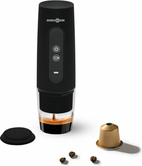 Makinë espresso portative BRUNNER Vivamoca 20 bar 150W, për kapsula NS dhe kafe të bluar, e rikarikueshme, e zezë, me kabllo USB