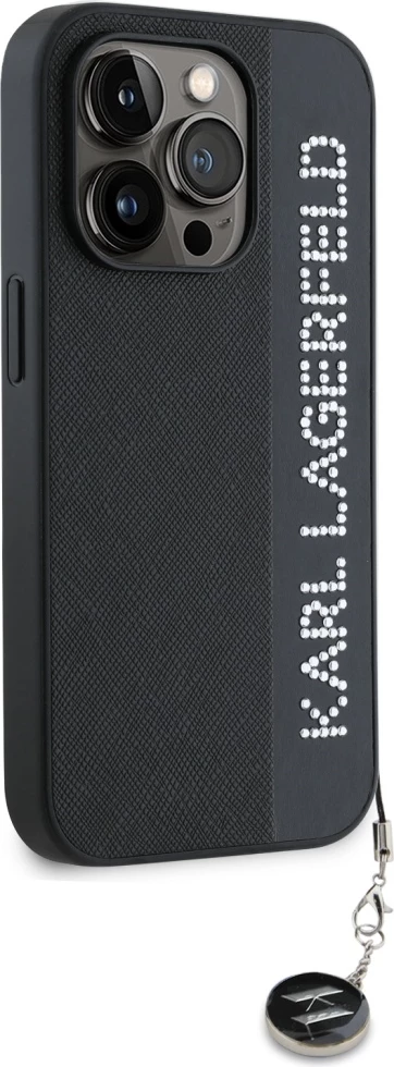Mbështjellës Karl Lagerfeld Saffiano Rhinestones & Charm për iPhone 15 Pro, i zi