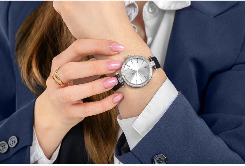 Orë dore femrash Giewont GW9890-A1, argjend, rrip lëkure e zezë