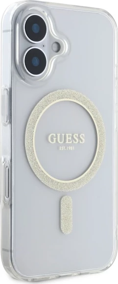 Mbështjellës Guess GUHMP16MHFGERET për iPhone 16 Plus 6.7", transparent, Glitter Circle MagSafe