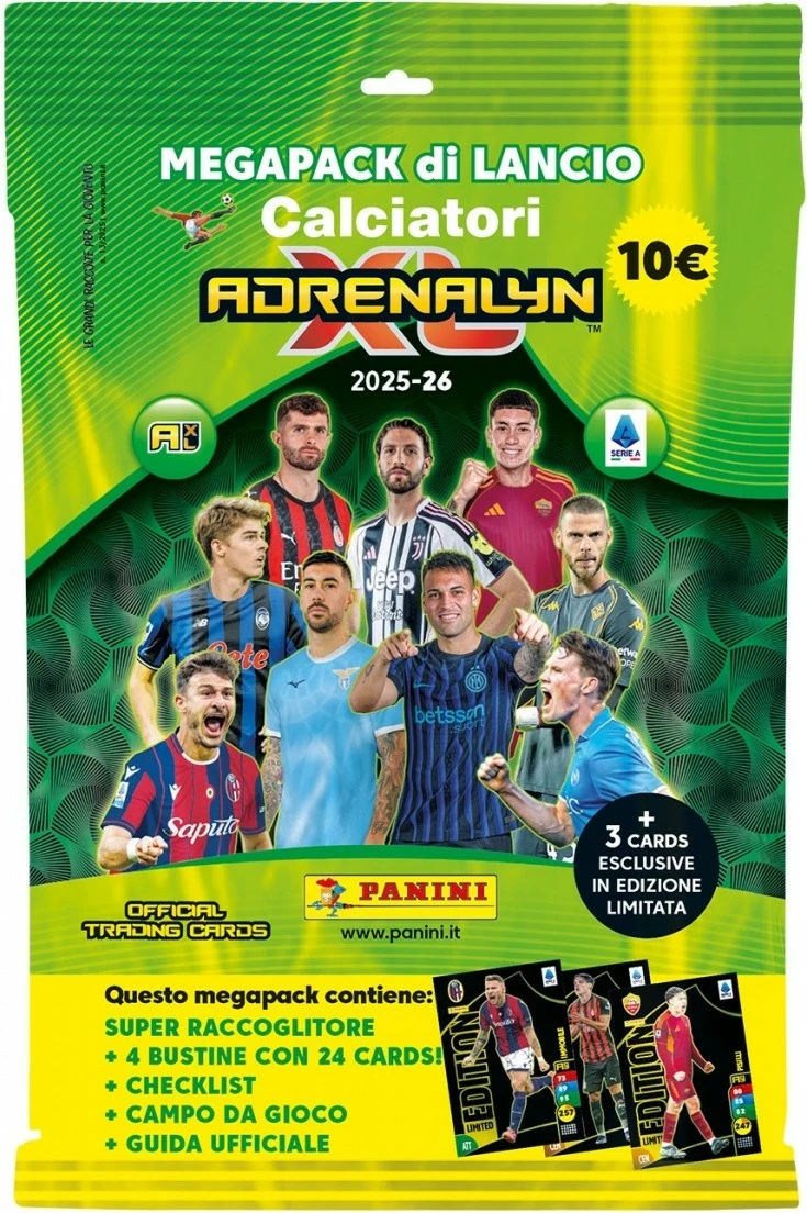 set fillestar kartela futbolli Panini Calciatori Adrenalyn XL 2025-26, album + 4 pako (24 karta) + 3 karta Limited Edition, gjuhë italisht