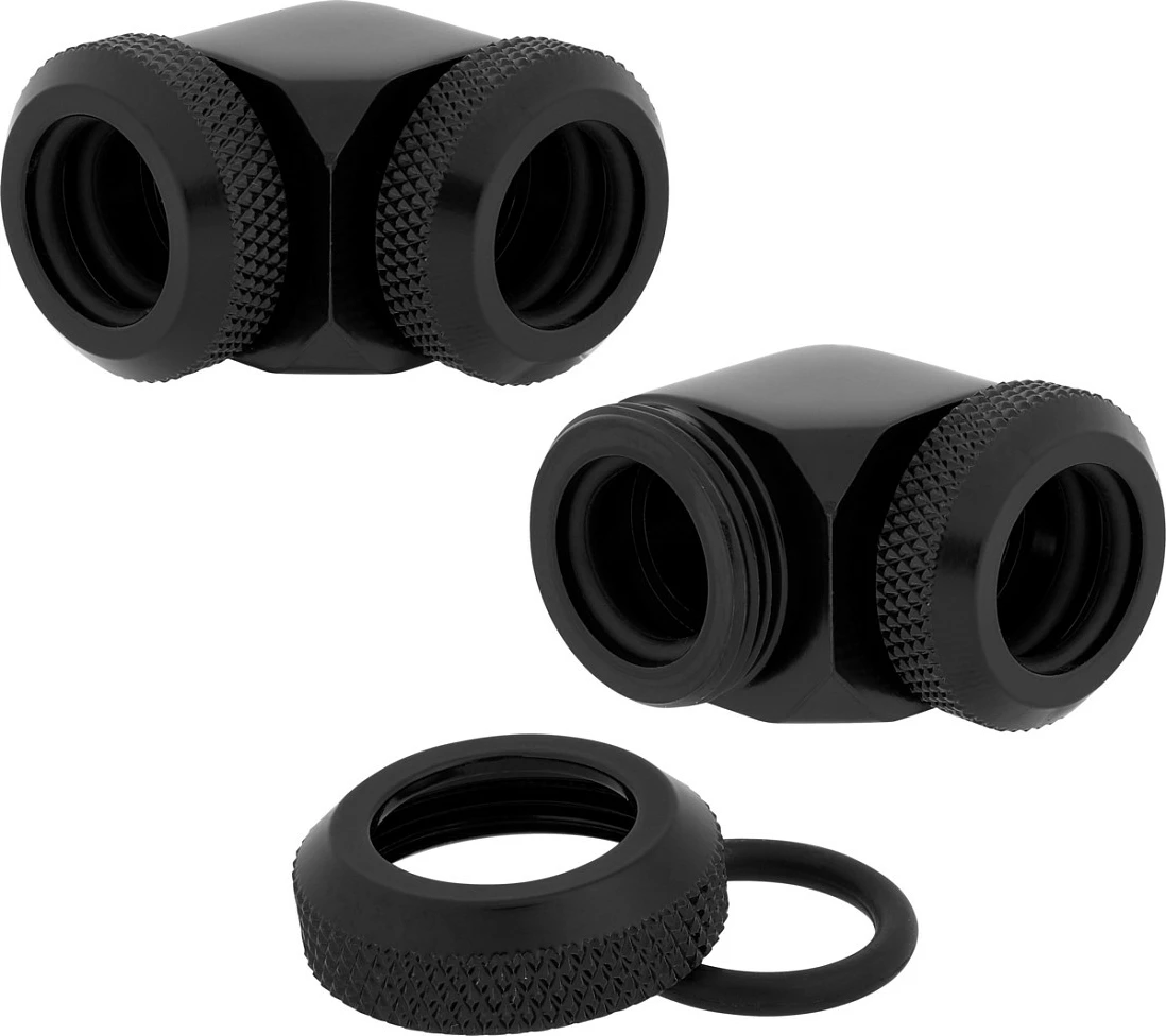 Adapter 90° Corsair Hydro X Series XF për hardline tub 12mm, paketë 2 copë, i zi