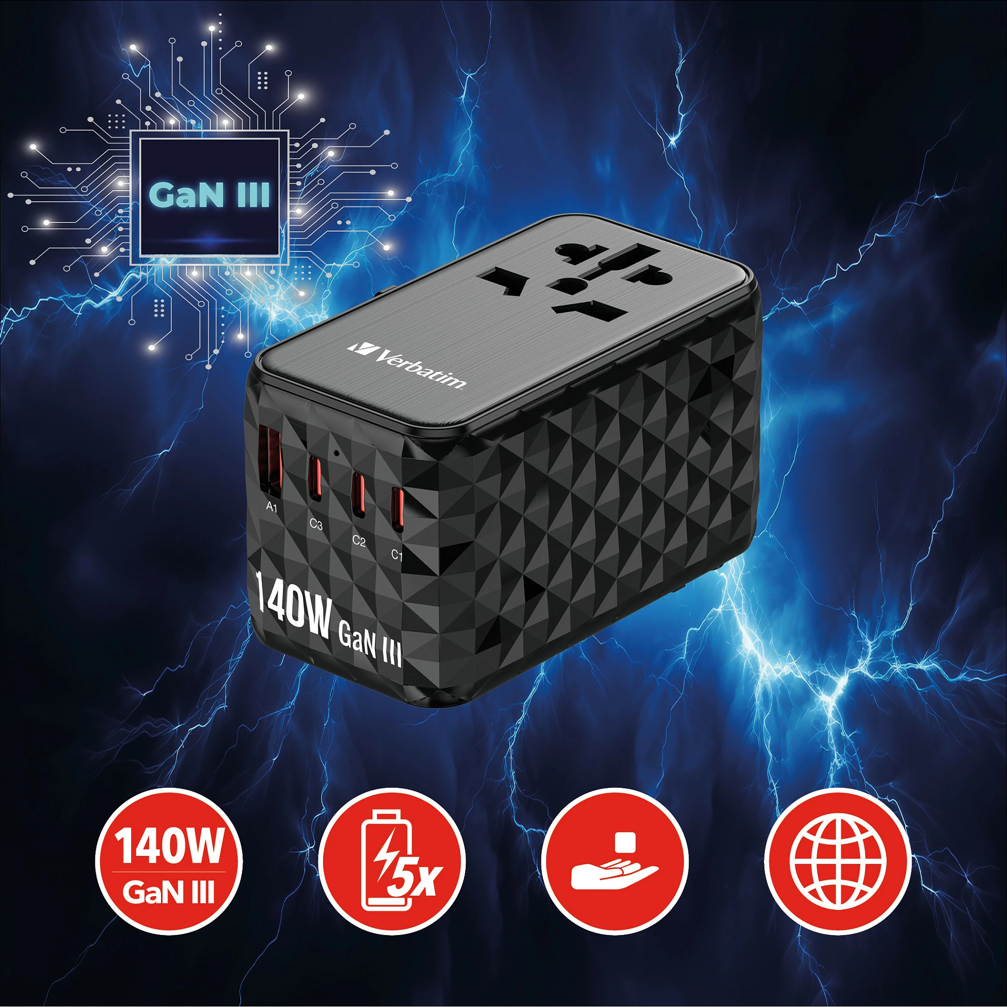 Adapter udhëtimi universal Verbatim UTA-10 GaN III, 140W, 3x USB-C PD, 1x USB-A, i zi