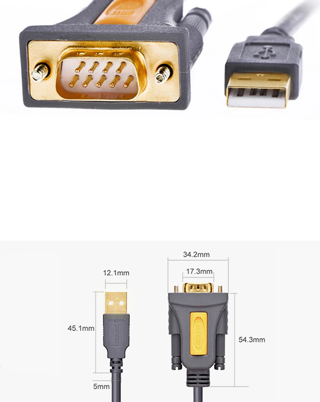 Kabllo adapter Ugreen CR104, USB-A në DB9 RS-232, 1.5m, Gri
