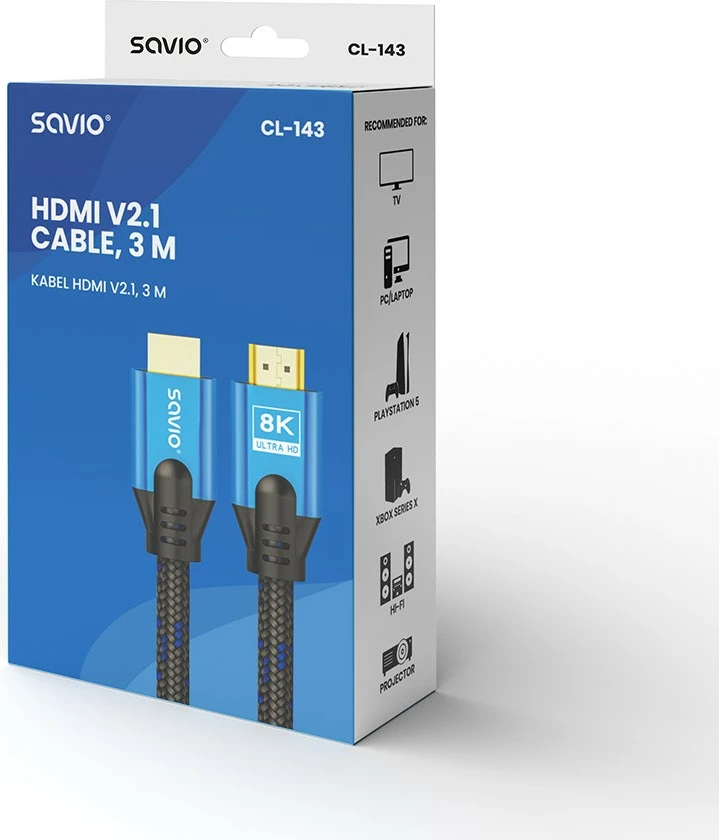 Kabllo HDMI Savio CL-143, 3m, Ultra HD 8K, v2.1, zezë/blu