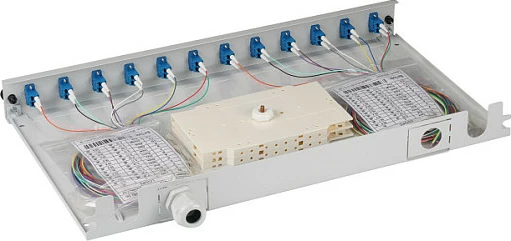 Panel patch fibër optike EFB Elektronik B71921L48, LC, singlemode OS2, 483 mm, metal, gri/blu