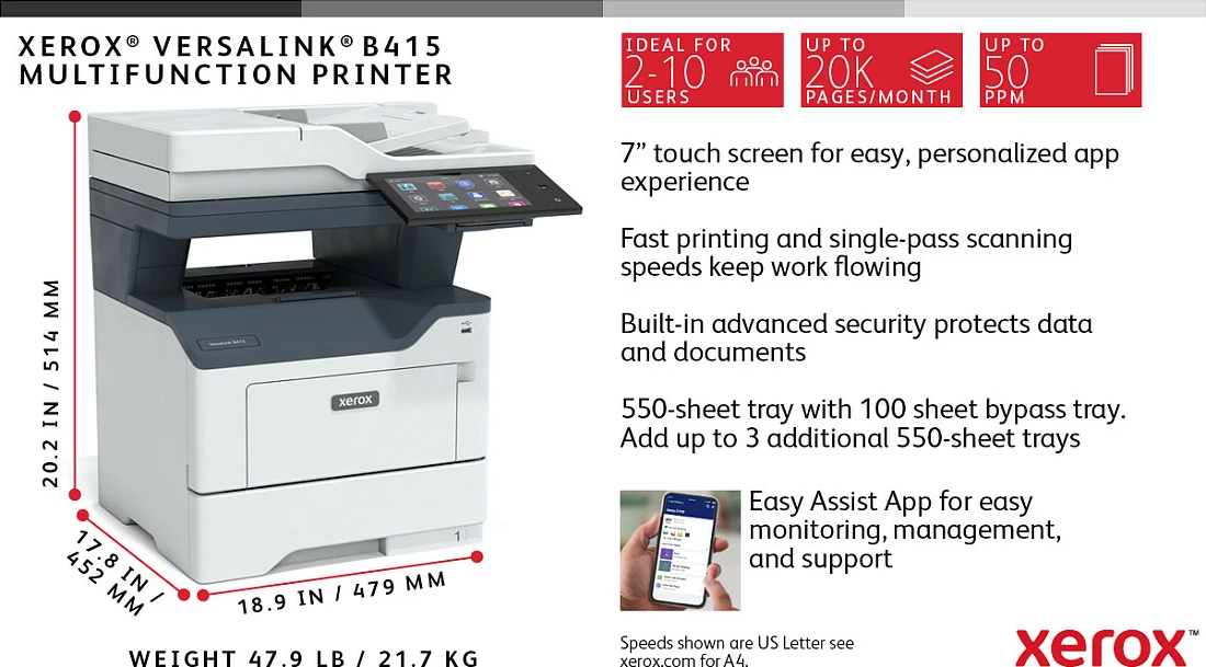 Printer multifunksional Xerox VersaLink B415DN, mono, USB/LAN, skanim/kopje/faks, duplex, gri/kaltër