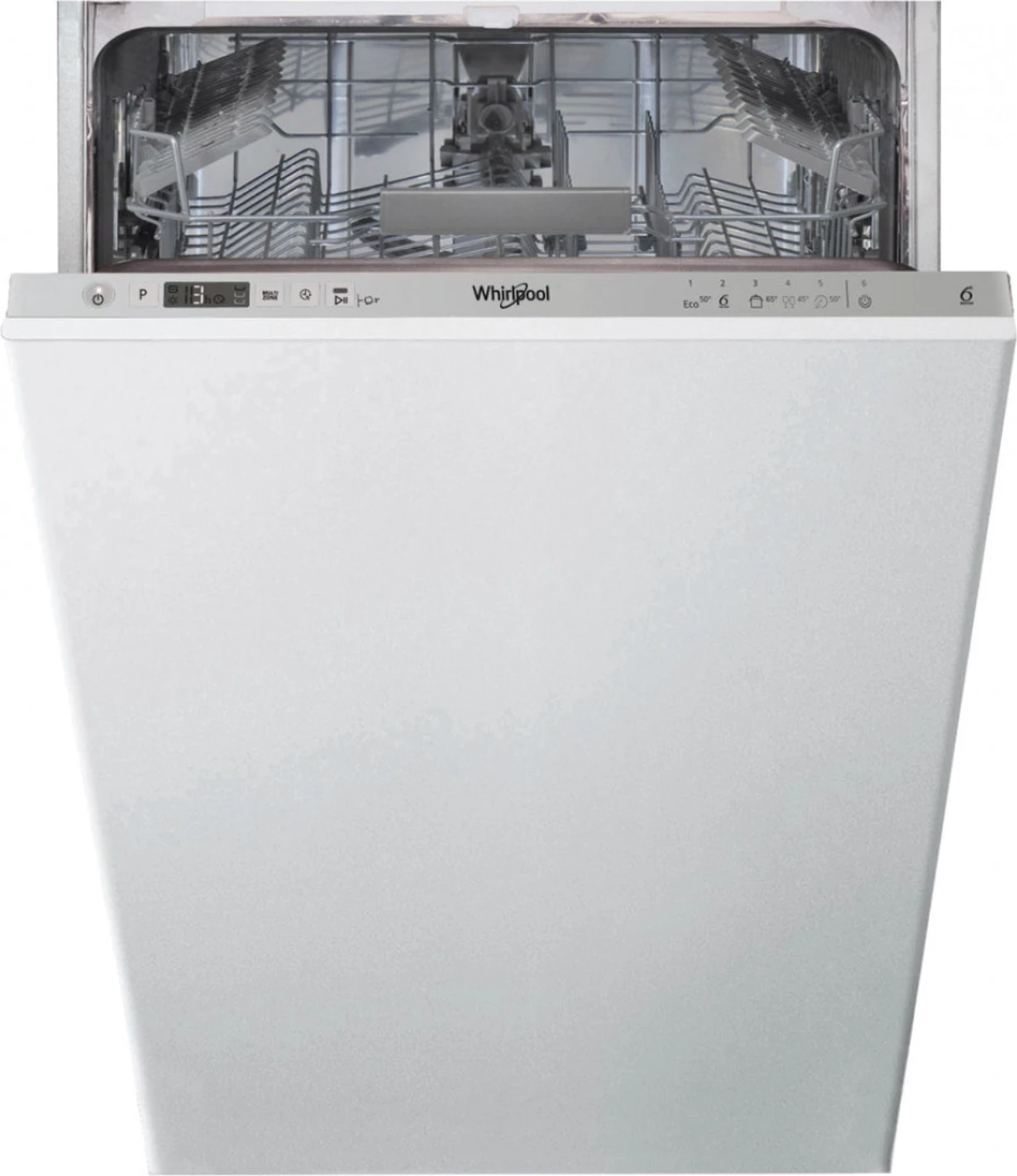 Enëlarëse e integruar plotësisht Whirlpool WSIC 3M27, 45 cm, 10 servise, klasa E, 6th Sense, FlexiSpace, argjendtë 2