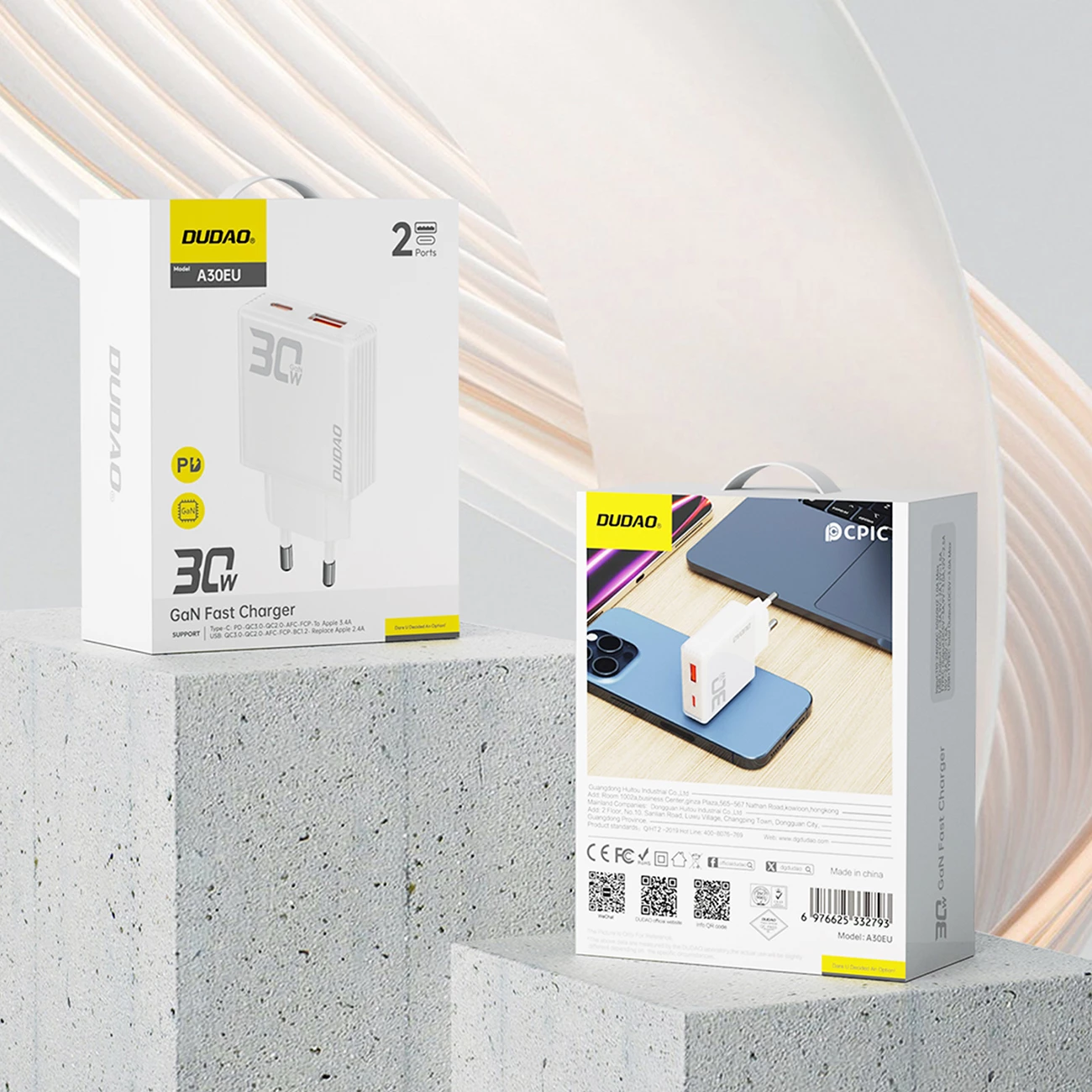 Karikues muri Dudao A30EU, GaN, 30W, 2 porta USB-A/USB-C, i bardhë