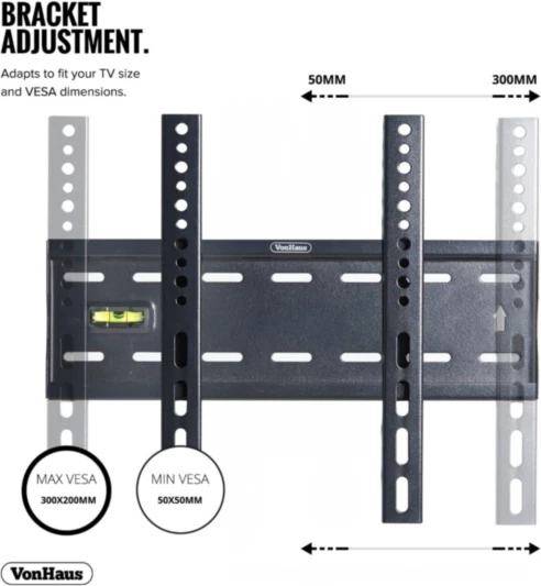 Mbajtëse fikse muri për TV VONHAUS 05/022, 15-42\", deri 40 kg, VESA 50x50-300x200, 27 mm, e zezë, me set vida