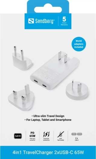 Karikues udhëtimi Sandberg 4in1 TravelCharger 2x USB-C 65W GaN III, i bardhë, me adaptera EU/UK/AU