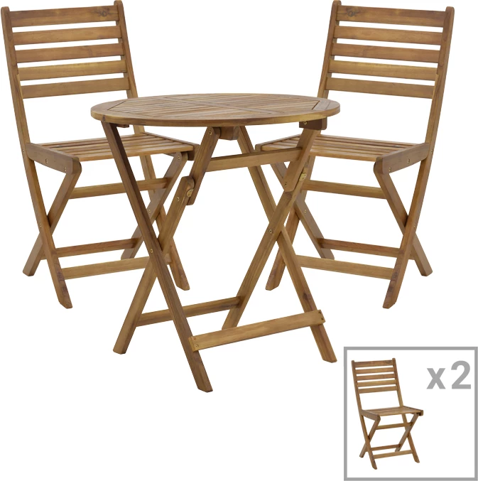 Tavolinë me karrige për terasë, druri akacie, Fatel-Carpuva, set prej 3 copash, palosëse, D70x74cm