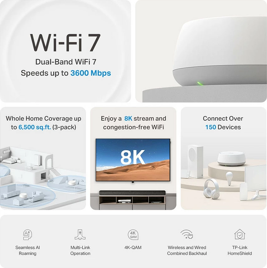 Sistem Mesh Wi‑Fi TP-Link Deco BE22, Wi‑Fi 7, Dual-Band 2.4/5 GHz, deri 3.6 Gbps, i bardhë