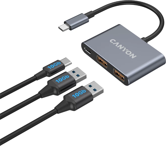 USB-C hub CANYON DS-3 3n1, USB 3.2 Gen 2, 2x USB-A + 1x USB-C, kabllo 12 cm, gri e errët