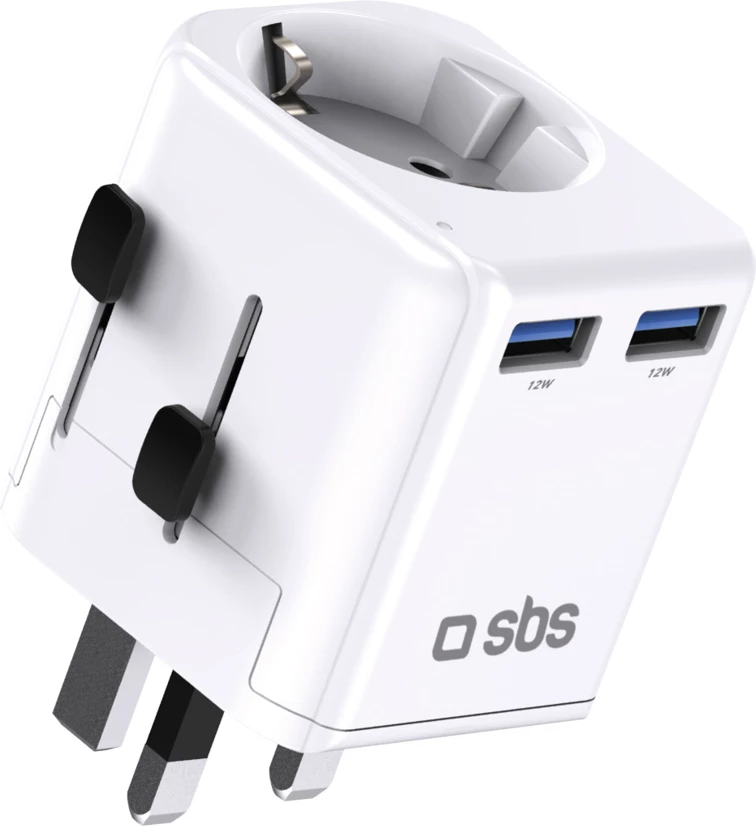 Adapter udhëtimi universal, SBS, TEADAPTEUGND, 2x USB-A 12W + prizë AC 2500W, plugje UK/US/AU/EU/ASIA, bardhë