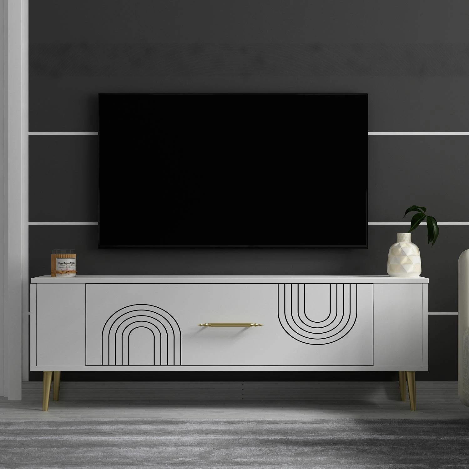 Komodë për TV, ngjyrë e bardhë dhe ari, Skye Decor Retrol2