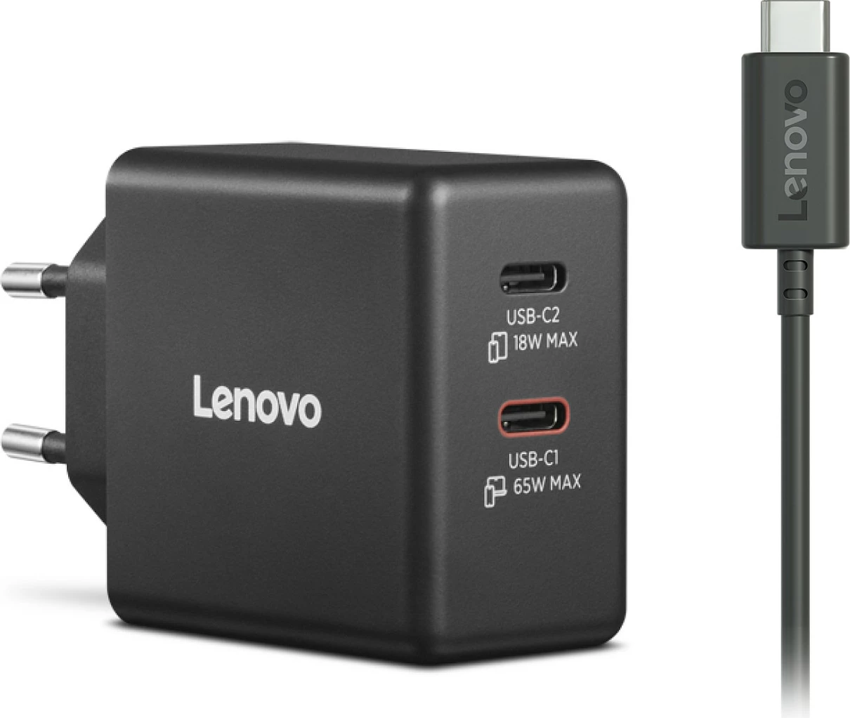 Karikues Lenovo Dual USB-C GaN 65W, me kabllo USB-C 1.5m, i zi