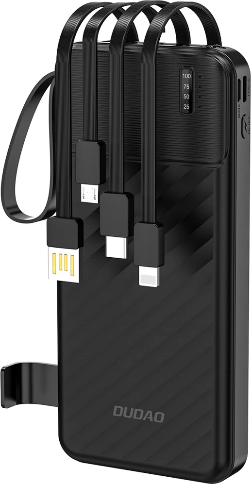 Powerbank Dudao K11, 10000 mAh, me kabllo të integruara, e zezë