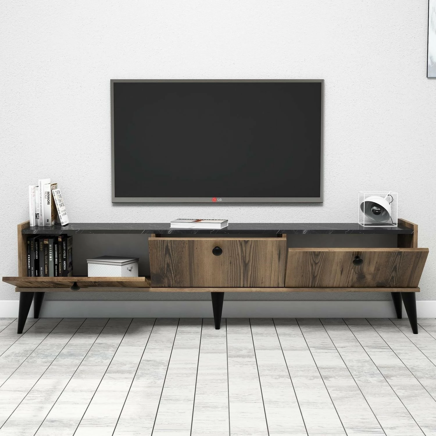 Komodë TV Hanah Home, Lidya, ngjyrë arrë dhe mermer, 180x49x35cm