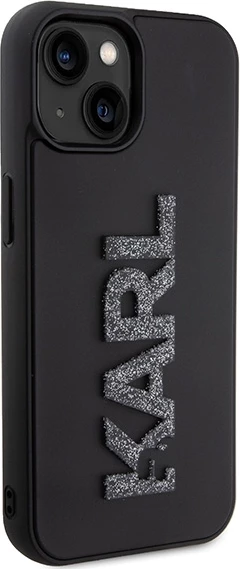 Mbështjellës Karl Lagerfeld 3D Rubber Glitter Logo për iPhone 15, i zi