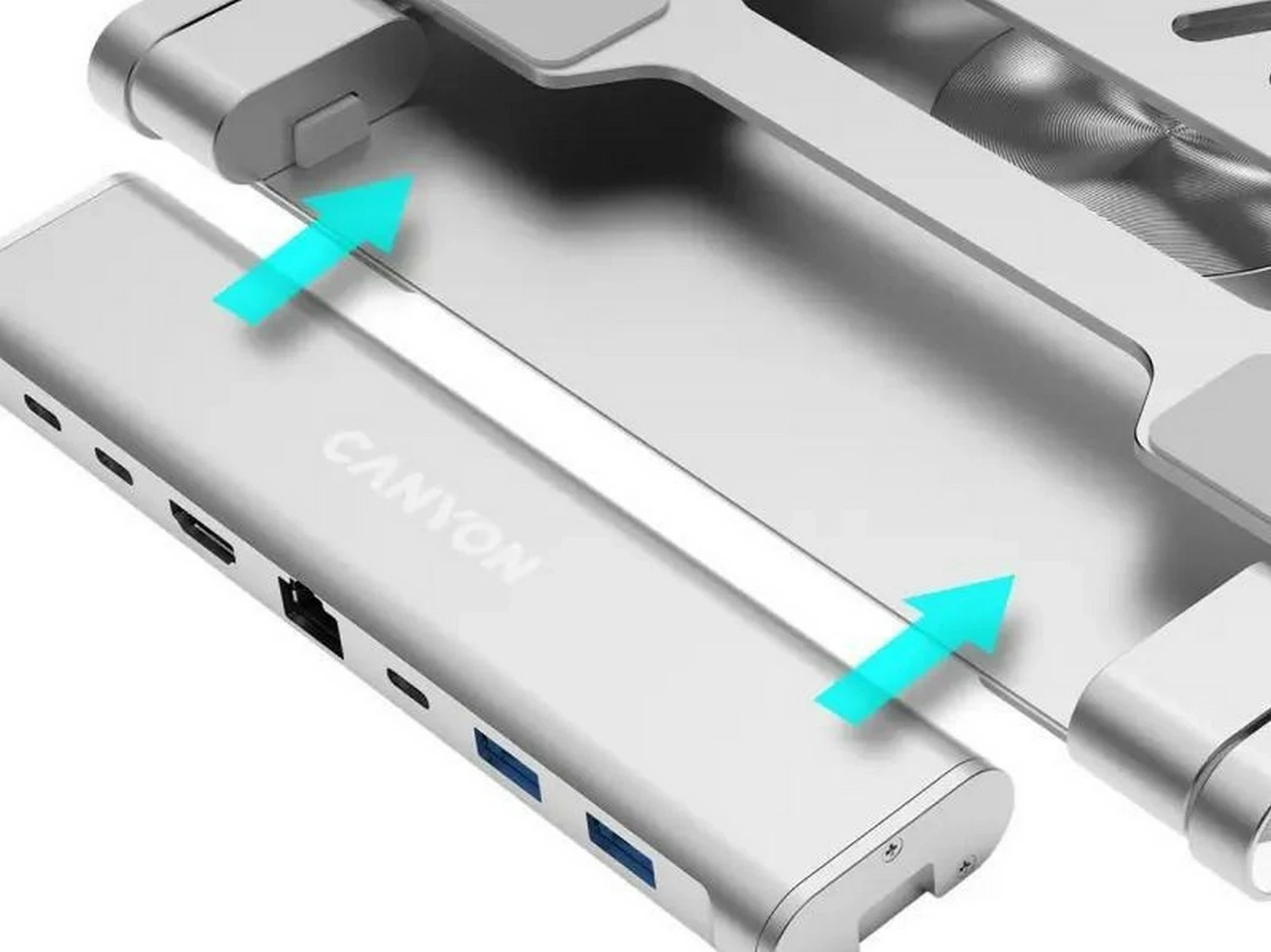Kasë laptopi Canyon me hub HDMI, 2xUSB, RJ45, rregullim lartësie, argjendtë