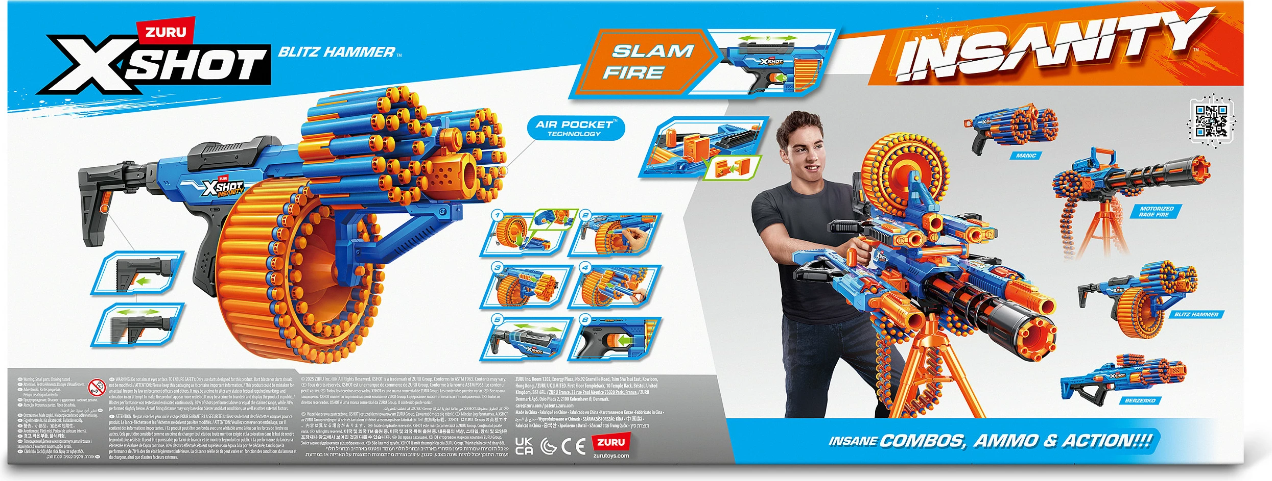 Lançues shigjetash me shkumë ZURU X-Shot Insanity Blitz Hammer, 48 shigjeta, blu/portokalli