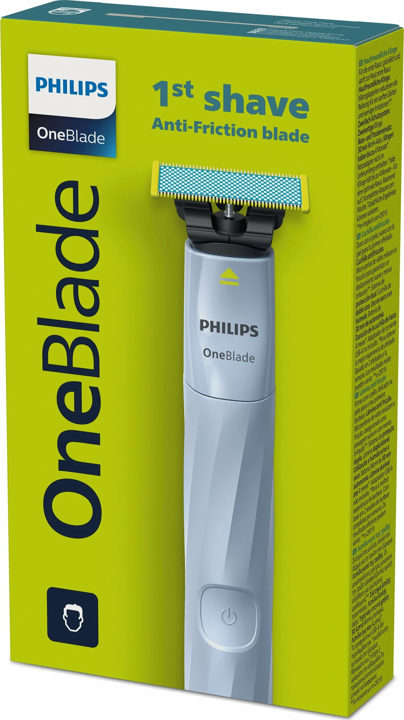 Makinë rroje Philips OneBlade First Shave QP1324/20, hybrid me trimmer, USB-A, përdorim thatë/lagësht, blu