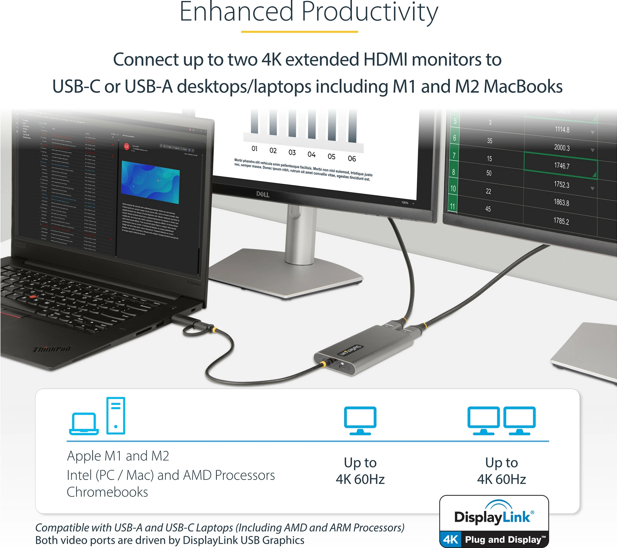 Adapter USB-C/A në Dual HDMI StarTech, 2x HDMI, 4K 60Hz, Power Delivery 100W, gri