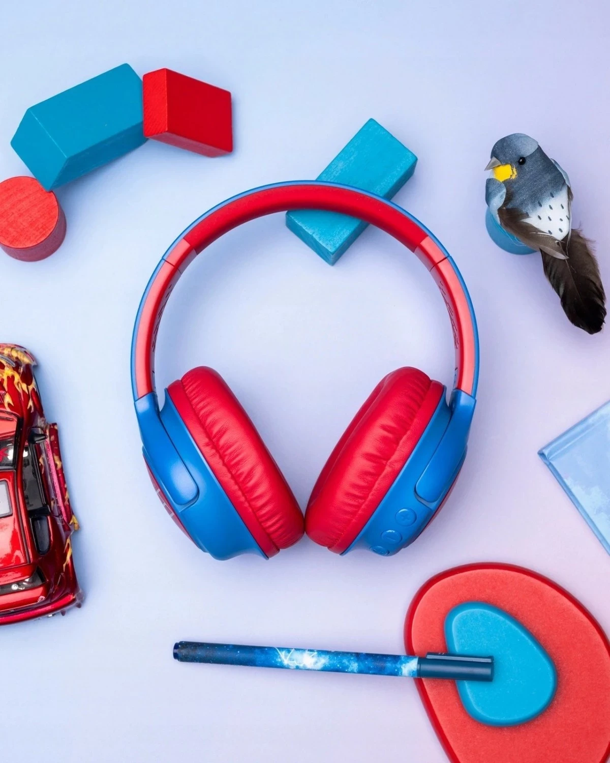 Kufje PowerLocus Bobo Kids, wireless Bluetooth 5.3, LED, AUX/USB-C, kuqe-kaltër