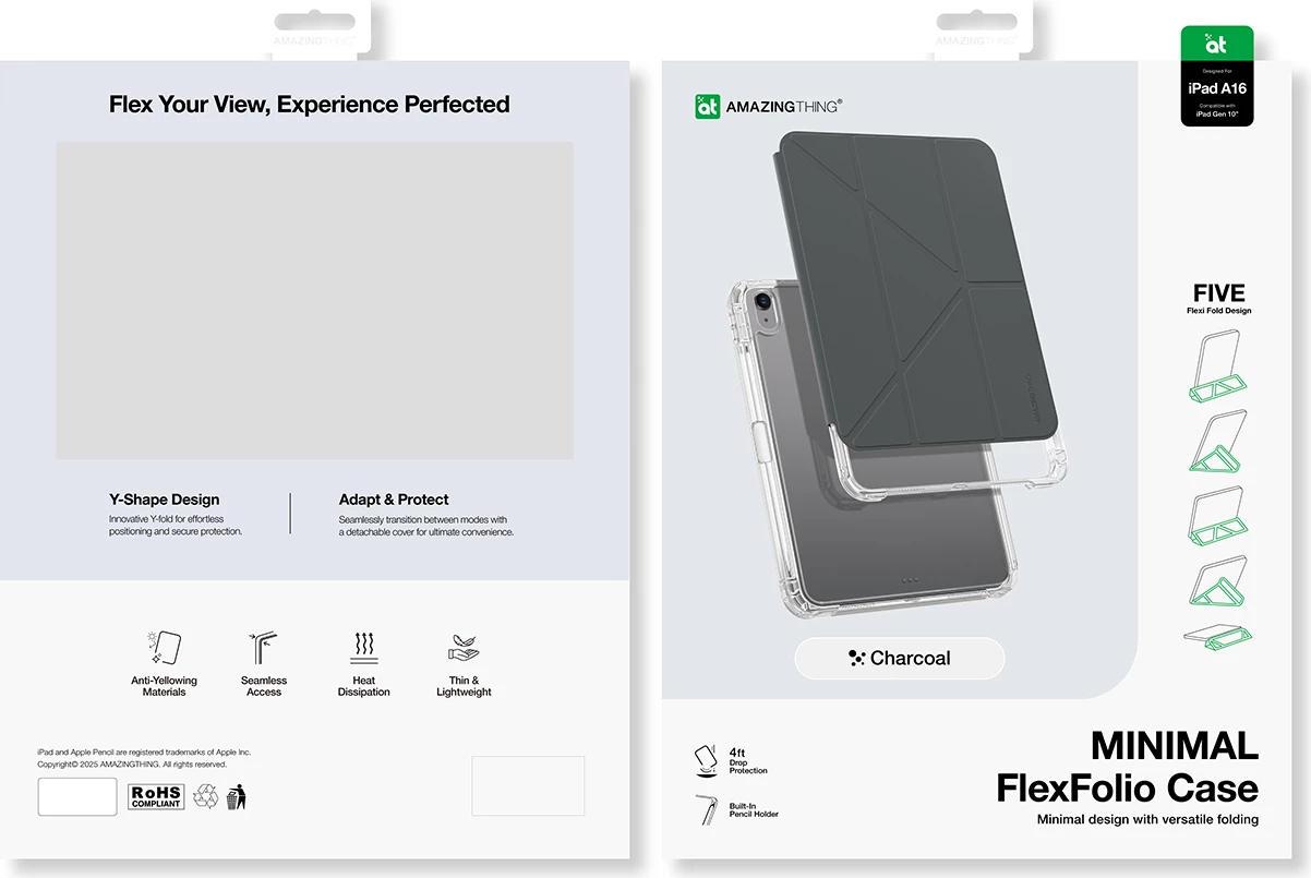 Mbështjellës tablet, AmazingThing, Minimal Case IPADGEN11MINBK, për iPad 11" (2025) / iPad 10.9" (2022), kapak me stand, panel i pasmë transparent, vend për Apple Pencil, gri e errët