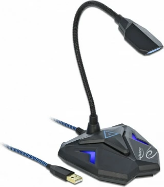 Mikrofon gaming desktop DeLOCK USB, gooseneck, mute, LED, 3.5 mm, zi/kaltër