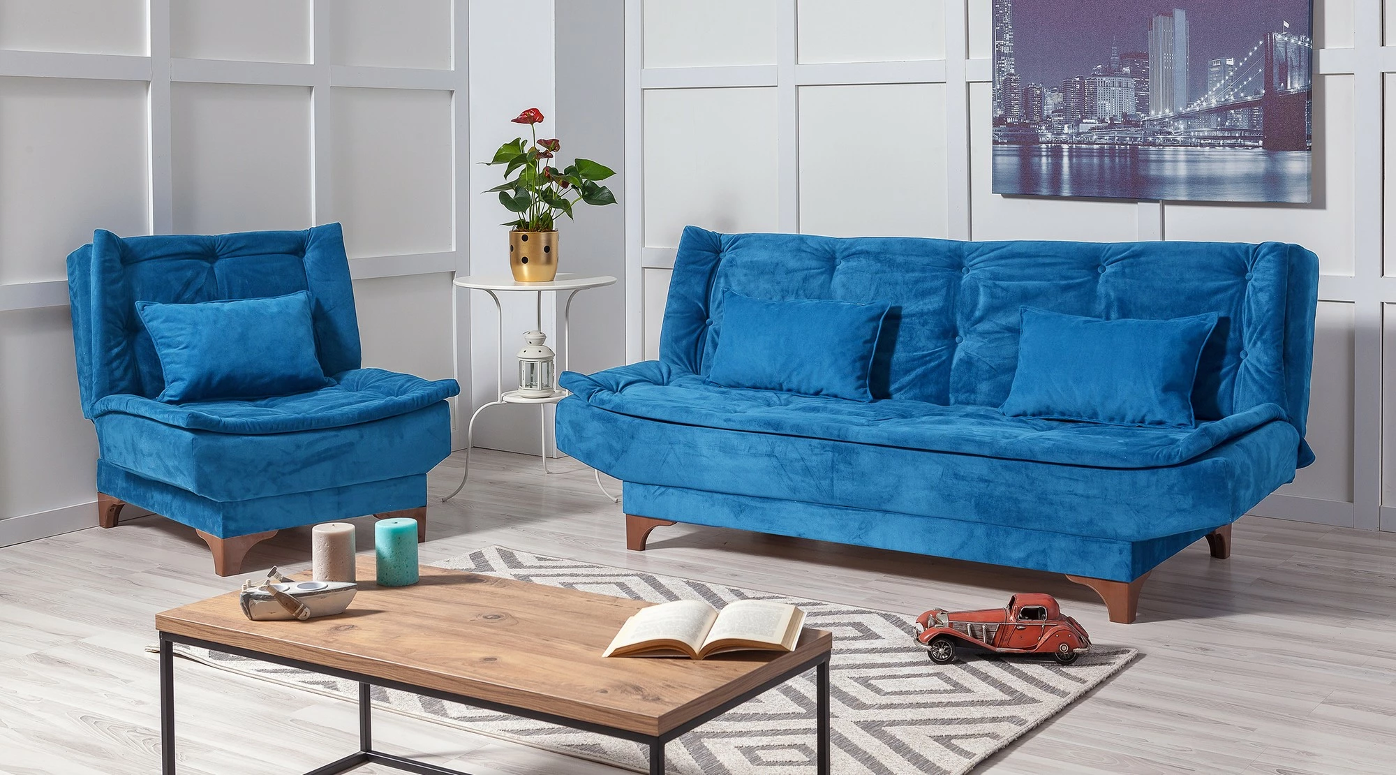 Set divani me krevat Atelier del Sofa, Kelebek-TKM06 0201, ngjyrë kaltër e errët