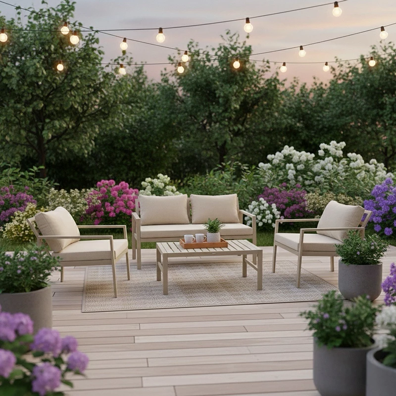 Set lounge për kopsht 4 pjesë, kornizë alumini, ngjyrë kapuçino, jastëkë bezhë