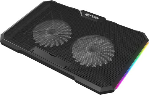Stand ftohës laptop Natec Fury Gunbai G3 NFC-2375, për 14.1-17.3 inch, 2 fansa 120 mm, RGB, hub USB 2 porta, rregullim shpejtësie dhe 5 nivele, e zezë