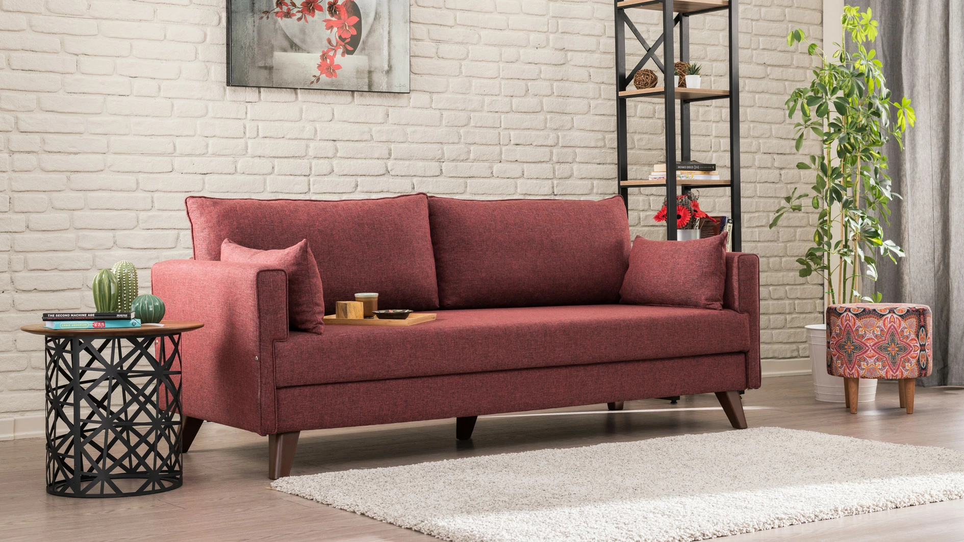 Divan-krevat treshe, ngjyrë e kuqe Claret, Bella Sofa Bed
