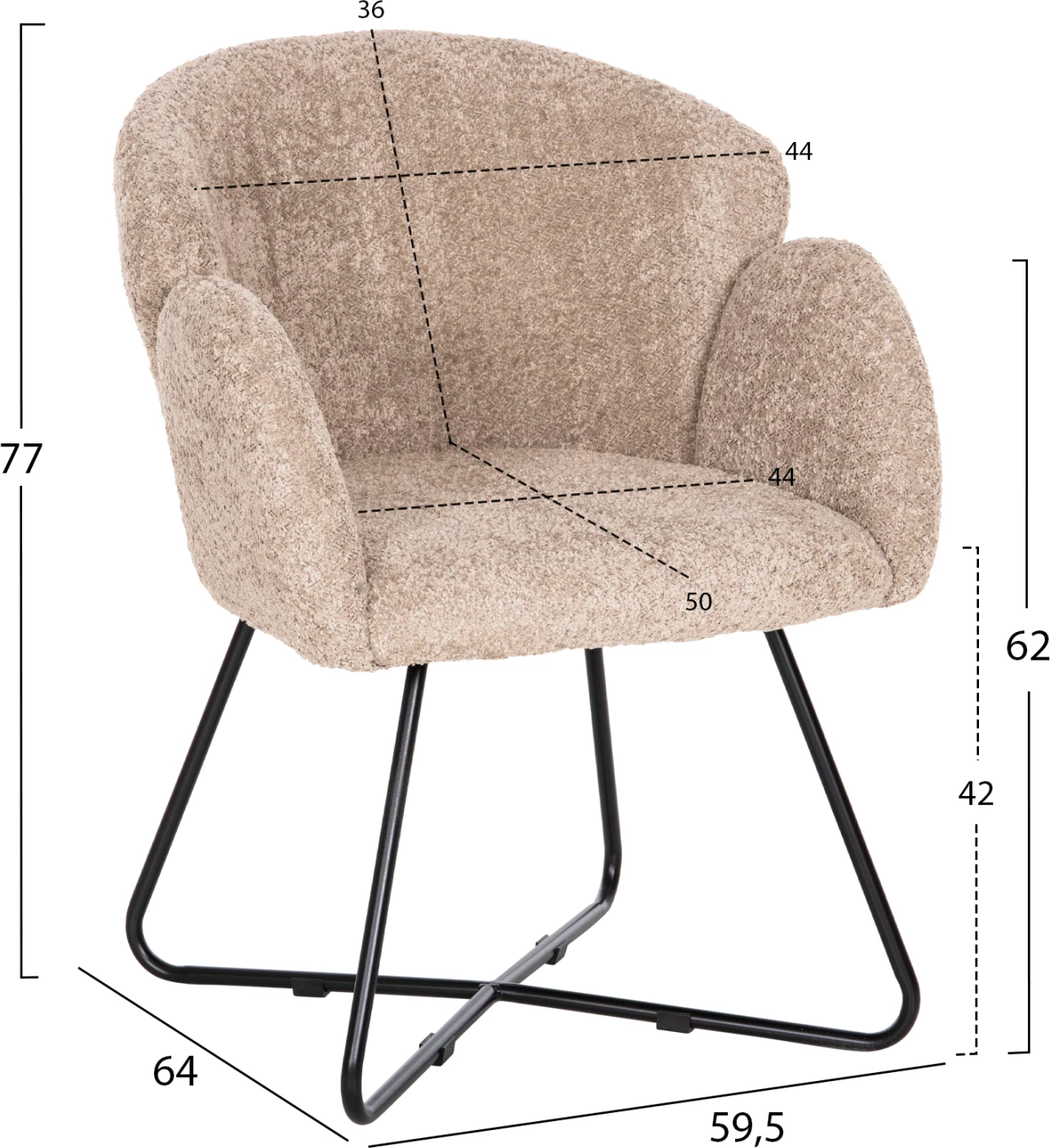 Karrige HARNIS FH9603.08, ngjyrë bezhë, bazë metalike e zezë, 59.5x64x77 cm