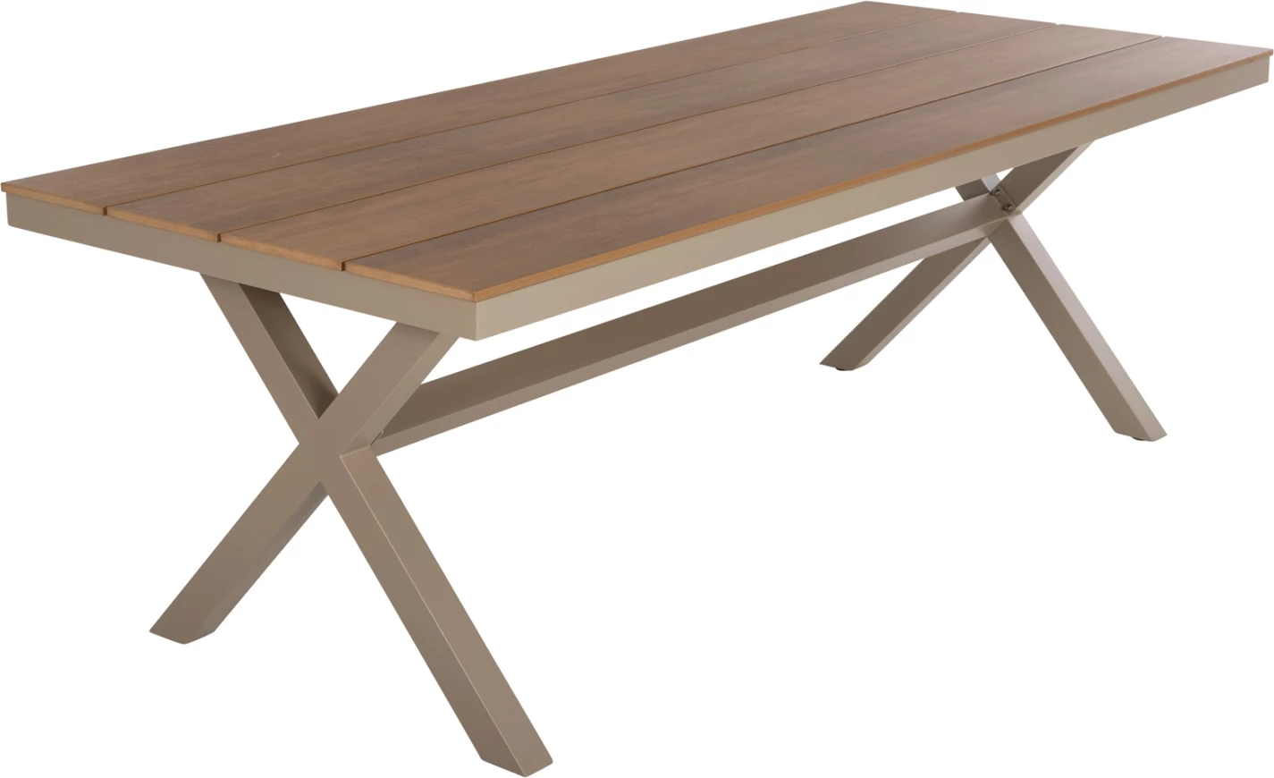Tavolinë drejtkëndore alumini, TAWNEE, ngjyrë shampanjë, polywood ngjyrë druri natyral, 219.5x89.5x73H cm
