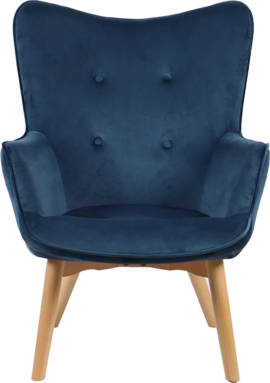 Karrige e madhe pop up, dizajn skandinav, kadife blu, këmbë druri, 72x82x94cm