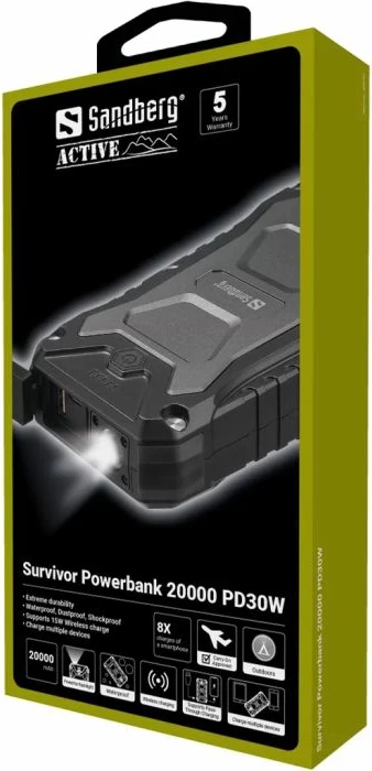 Powerbank SANDBERG Survivor 420-92 20000mAh PD 30W me karikim pa kabllo Qi, e zezë, set me rrip & kabllo USB-C