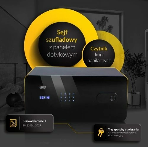 Kasafortë sirtar Adler AD 1044, 17 L, touch panel, kod + fingerprint + çelës emergjent, e zezë, set me 2 çelësa