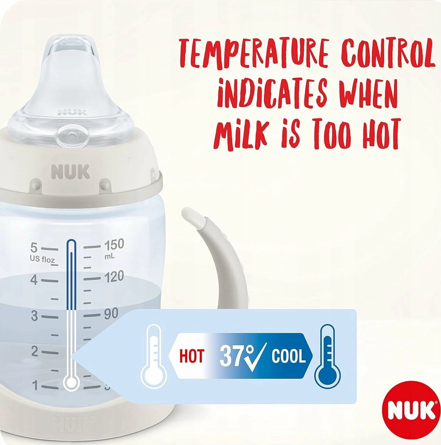 Biberon mësimor NUK First Choice Miki 150 ml me doreza dhe tregues temperature, i bardhë/gri