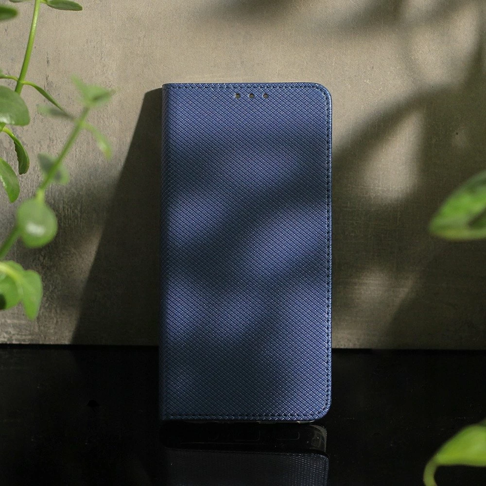 Mbështjellës nemo Magneto për Samsung Galaxy S25, flip me mbyllje magnetike, me stand dhe xhep kartelash, blu navy, set me qelq të kalitur