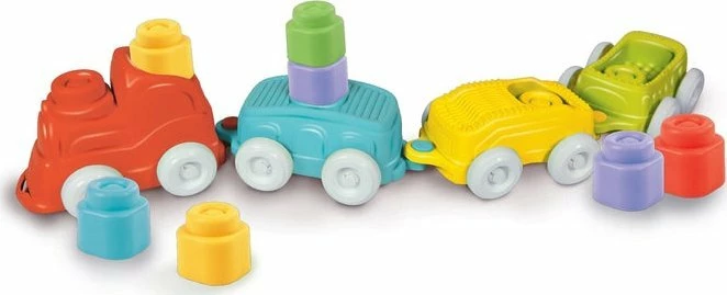 Tren lodër sensorial Clementoni Clemmy Soft Sensory Train, set 1 lokomotivë + 3 vagona + 8 blloqe të buta, shumëngjyrësh