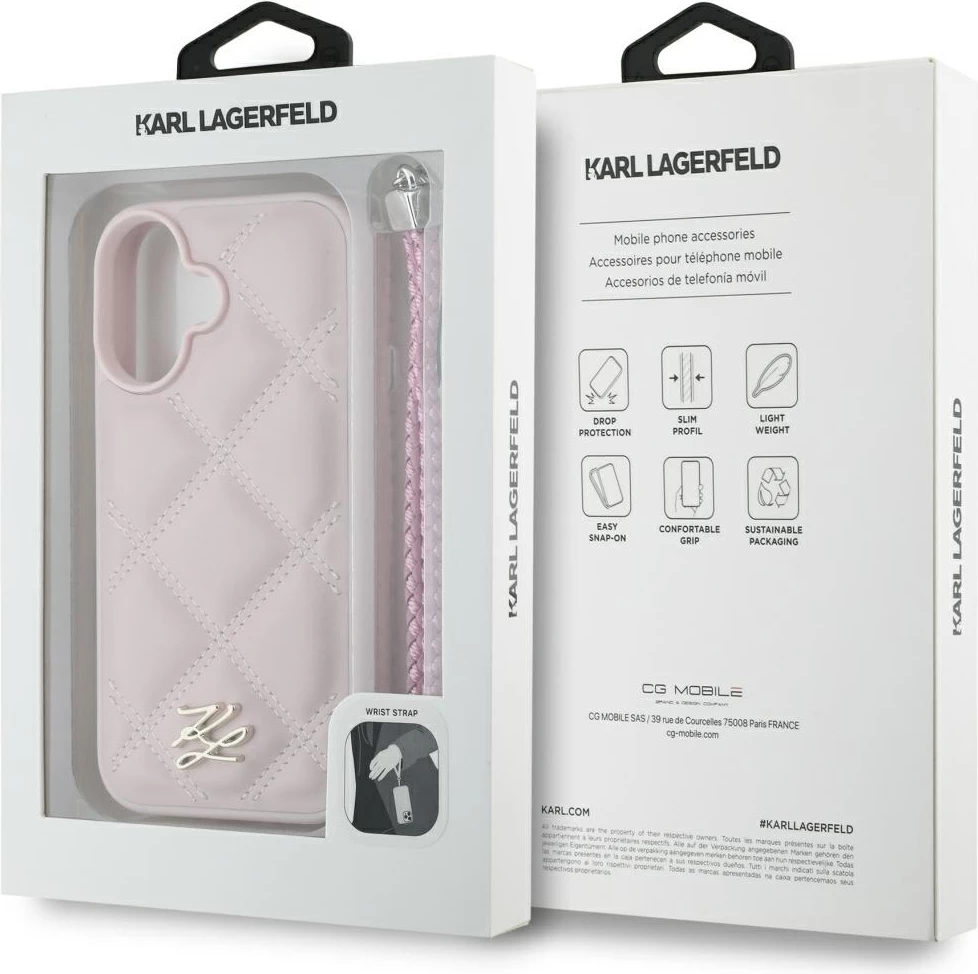 Mbështjellës Karl Lagerfeld Quilted Initial Logo & Chain Strap për iPhone 16, Rozë