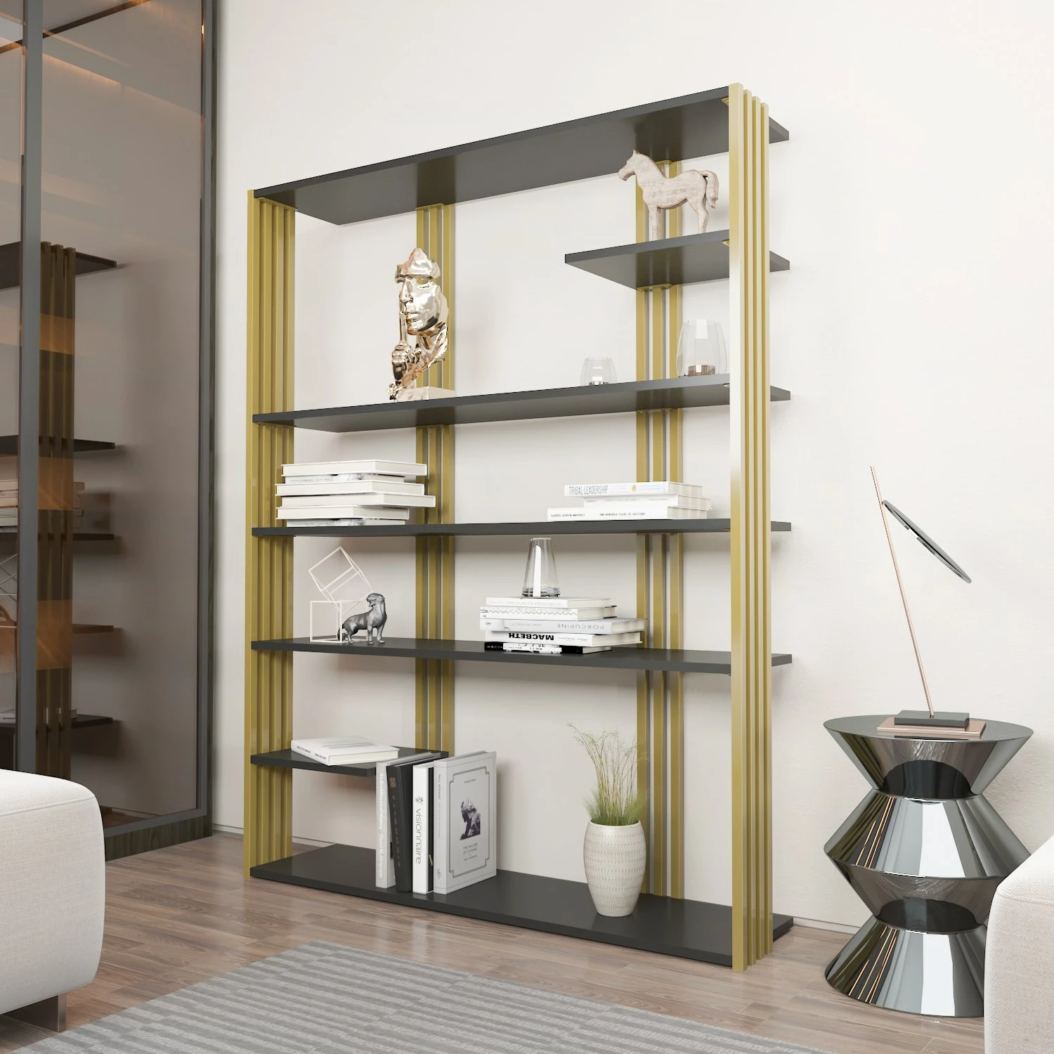 Raft librash Skye Decor, ngjyrë antracit dhe ari
