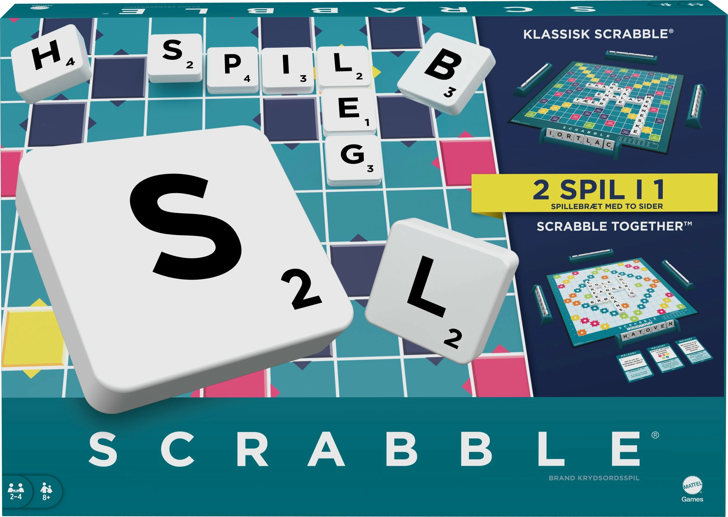 Lojë tavoline Mattel Scrabble Original Denmark 967-2407, për 8+ vjeç, 2 lojëra n'1