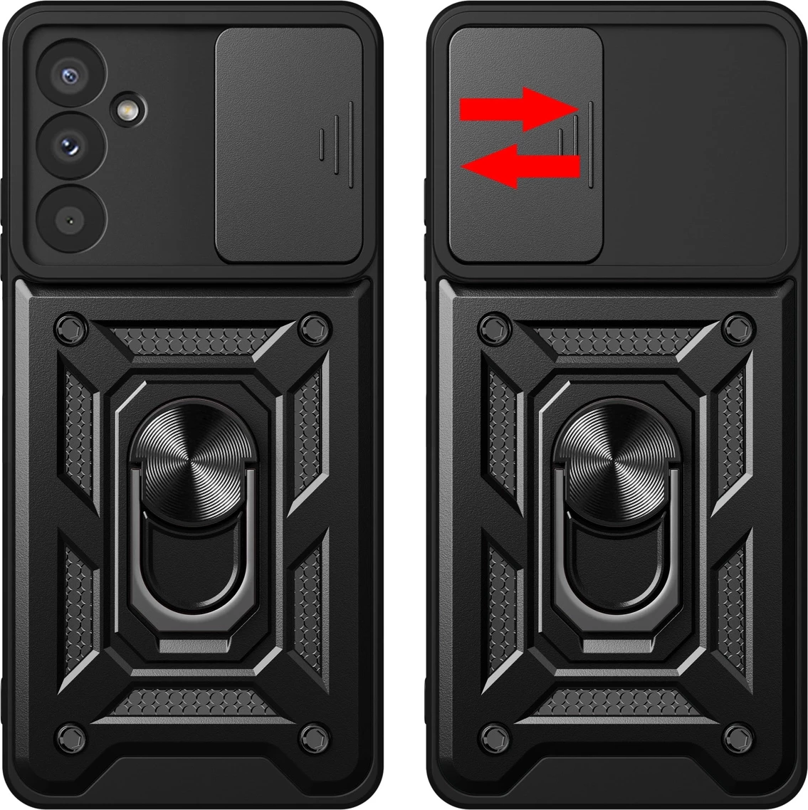 Mbështjellës Hurtel Hybrid Armor Camshield për Samsung Galaxy A37, TPU+PC, me kapak kamere rrëshqitës, me unazë metalike/stand, i zi